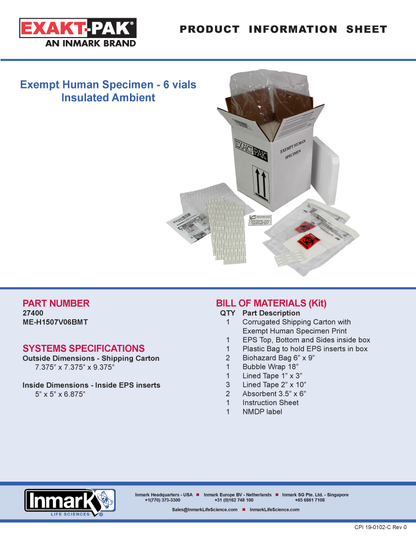 Exempt Human Specimen : ME-ACCESSBV06BMT  : 6 vials Insulated Ambient (Max Payload Dim. 5" x 5" x 6.875") - NMDPVIP - Clinical Studies
