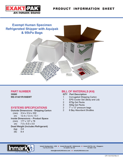 Sepio® (4 Pk) : ME-H2402RV06BMT : Exempt Human Specimen Refrigerated Shipper with Aquipak & 95 kPa Bags (Max Payload Dim. 7" x 5" x 3") (Copy)
