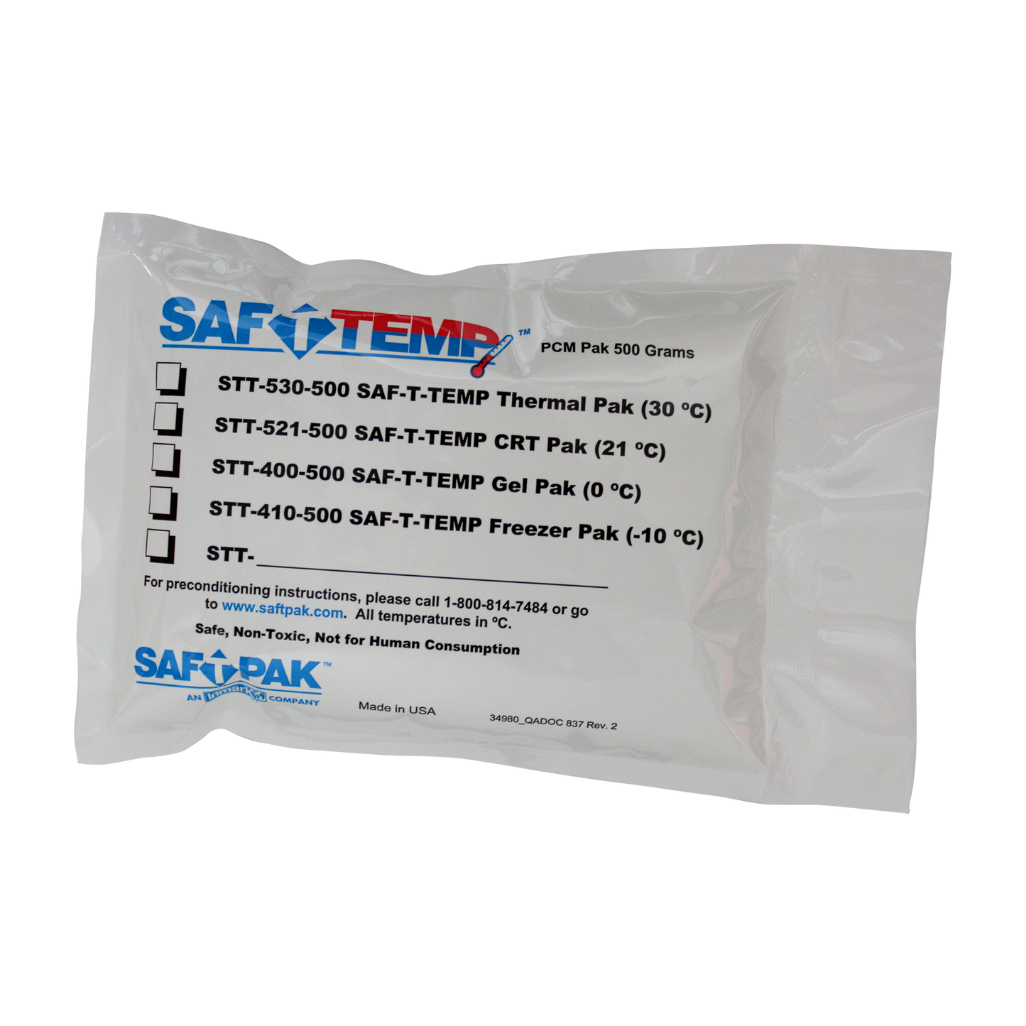 STT-400-500 - Saf-T-Temp® 0°C Refrigerated Phase Change Material Gel Paks, 500g, 16/Carton